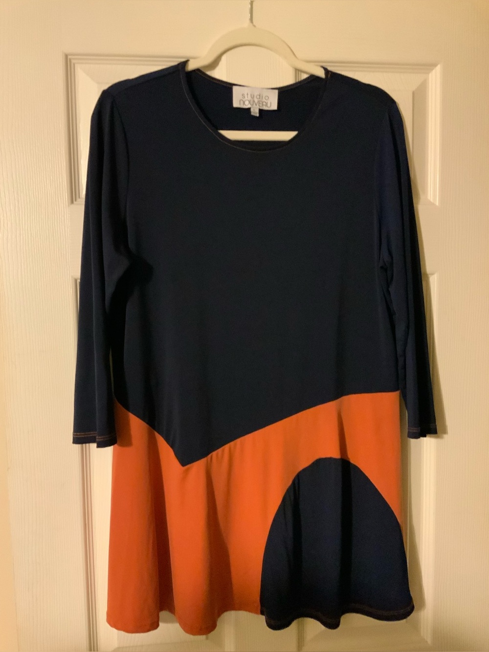Navy and Orange Colorblock Long Sleeve Blouse